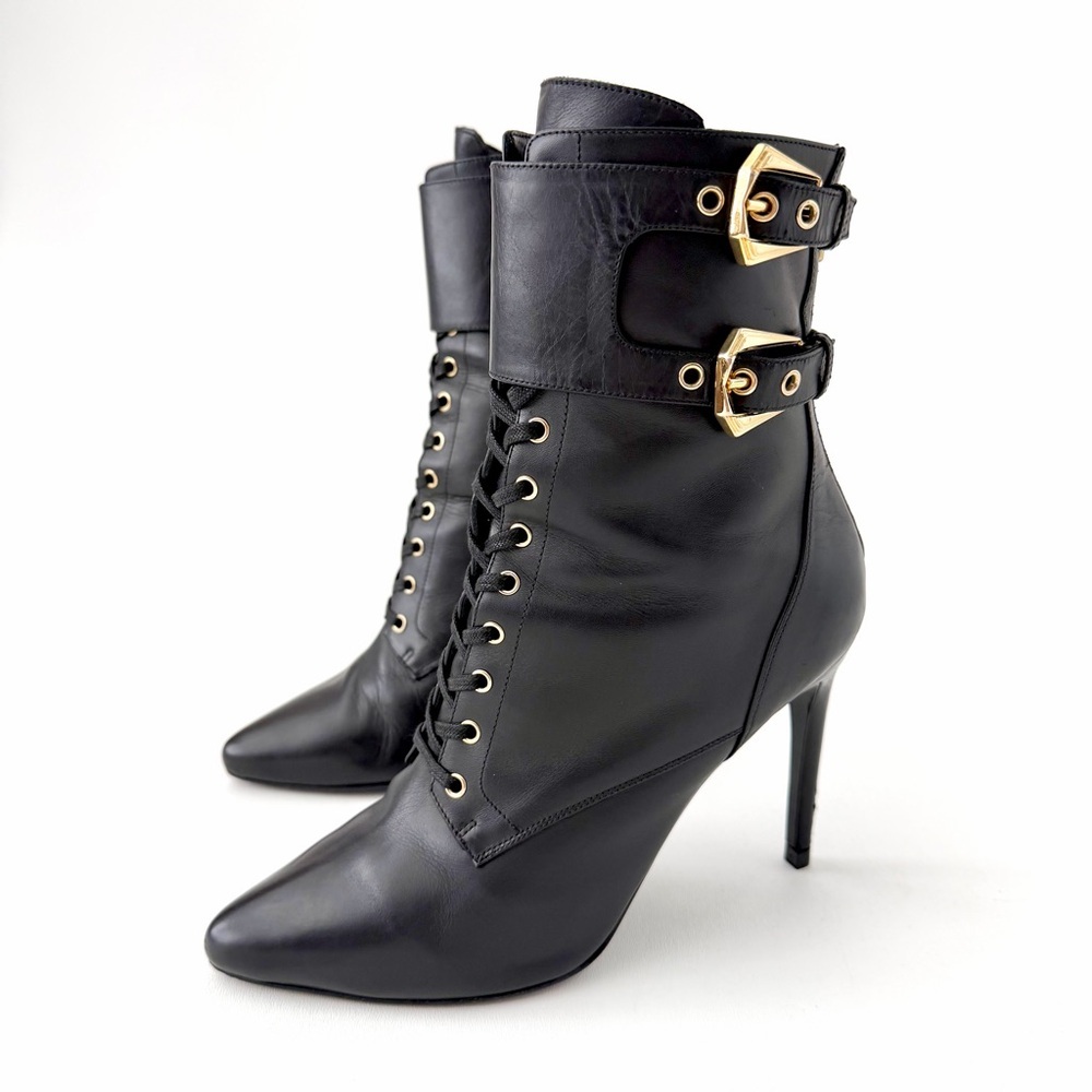 BALMAIN || Nina Black Leather Buckle Lace Up Ankle Boots Stiletto Heels EU 38 - Picture 2 of 16
